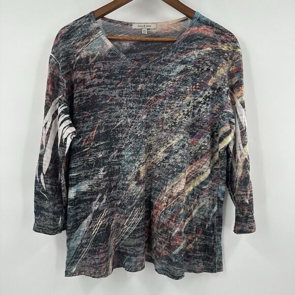 Jess Jane Tee Shirt Top Womens XL Multicolor Embellished Burnout Art Semi Sheer - Picture 1 of 11